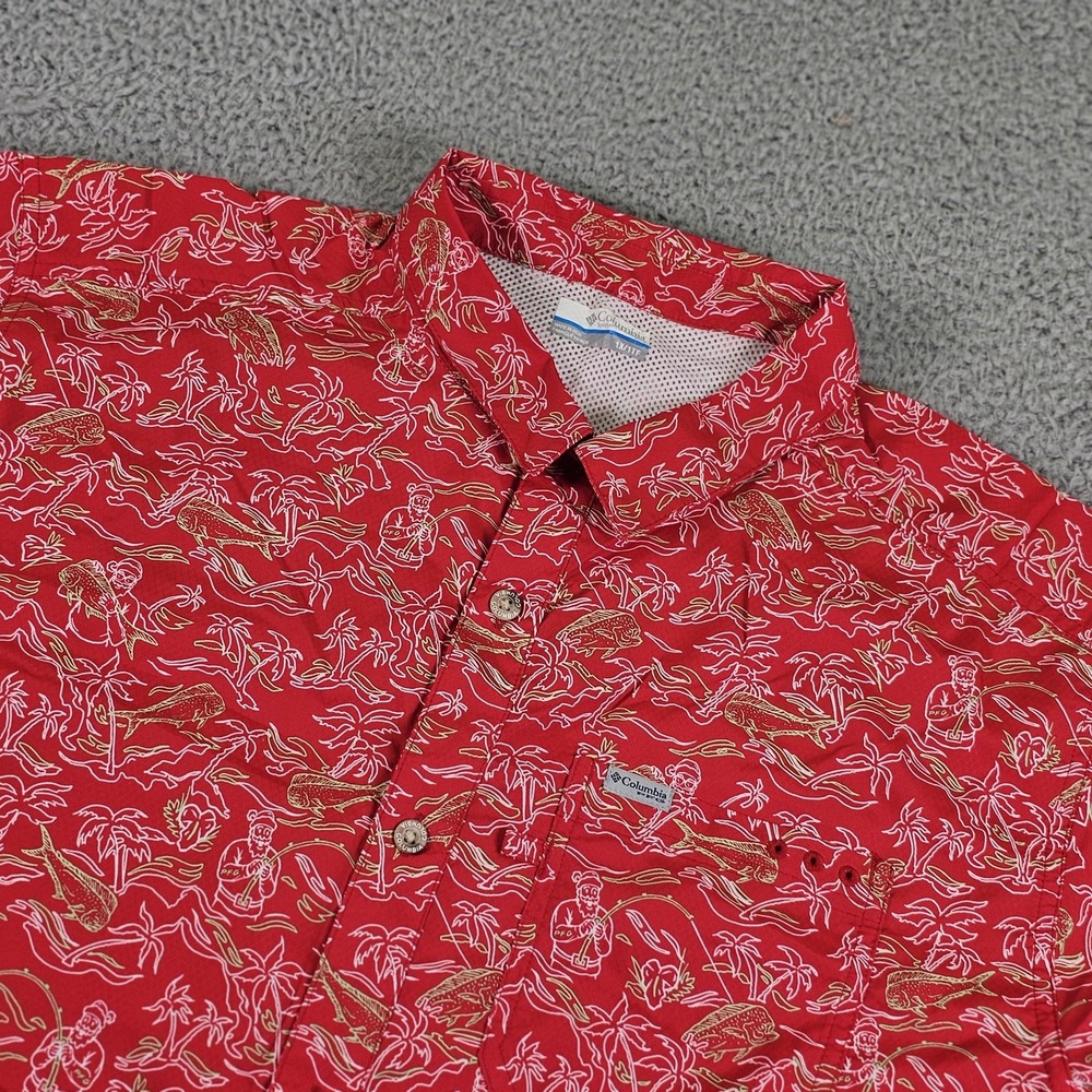 Columbia PFG Shirt Mens 1X Red Holiday Santa Fishing Short Sleeve Button Up